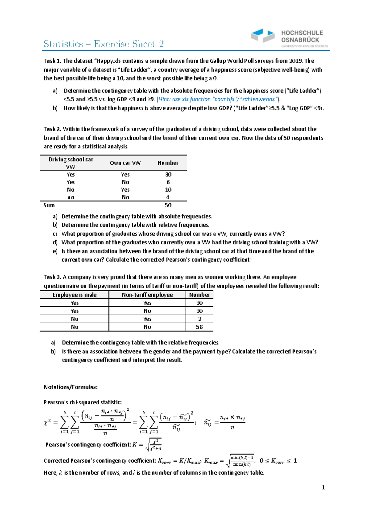Exercise Sheet 2 - Wintersemester: Contingency Tables & Analysis - Studocu