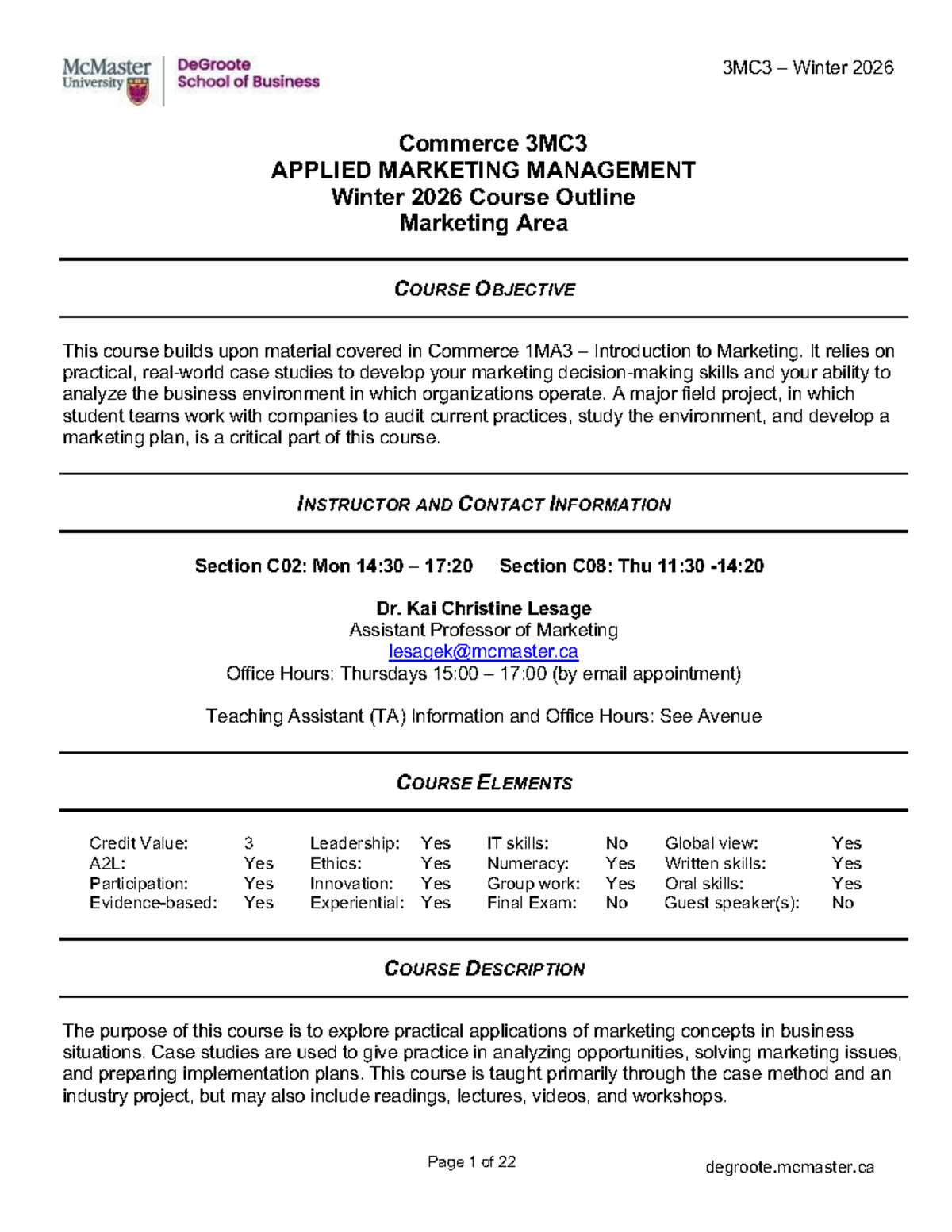 3MC3 Winter 2026 Course Outline: Applied Marketing Management - Studocu