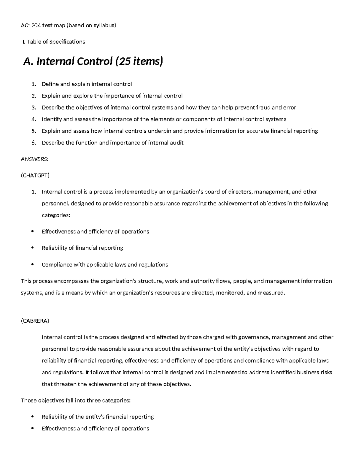AC1204 Final Exam Test Map: Internal Control Concepts & Answers - Studocu