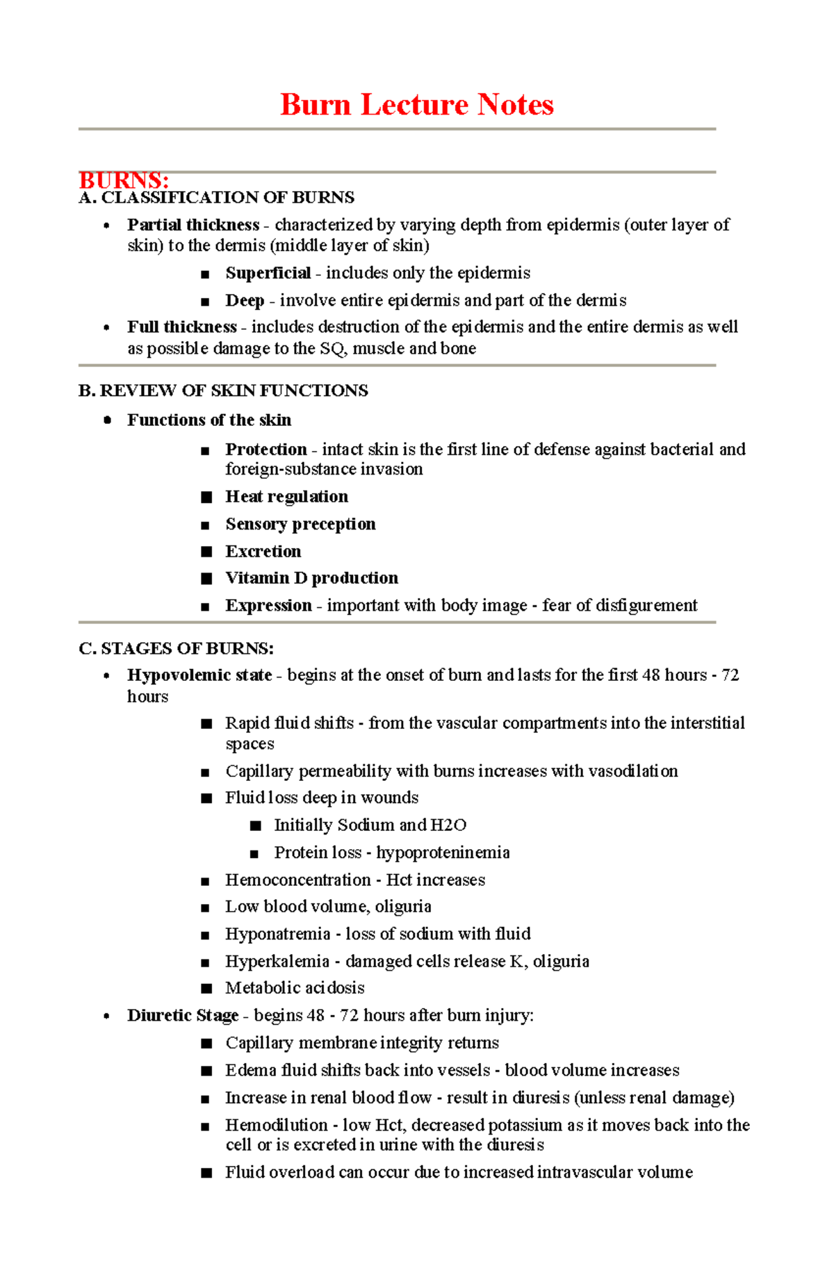 Burns Lecture Notes - Nursing (Course Code) - Studocu