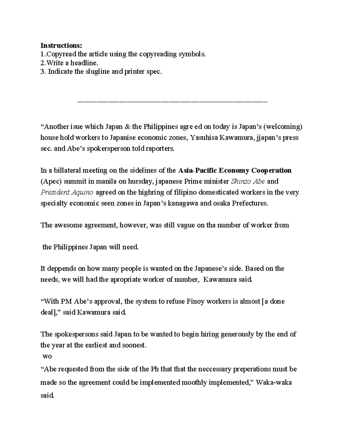 Copyreading Exercises for RSPC: Article Review and Headline Writing ...