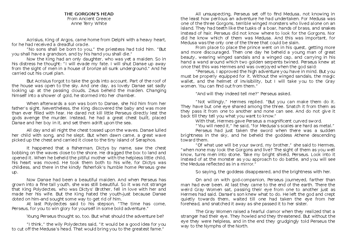 The Gorgon’s Head: Summary & Analysis for English 10 Literature - Studocu