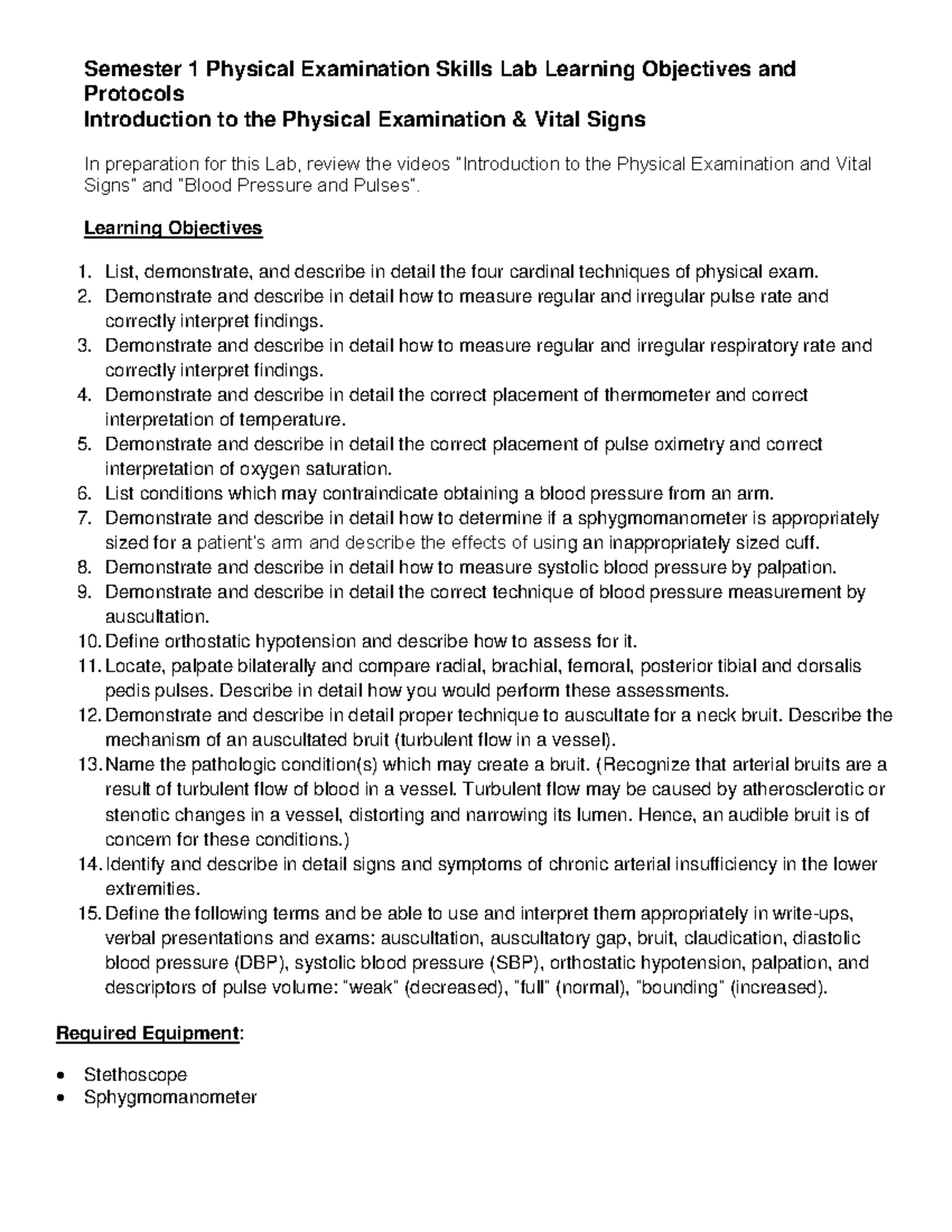 Vital Signs & Arterial Circulation Skills Lab Protocols 2020 - Studocu