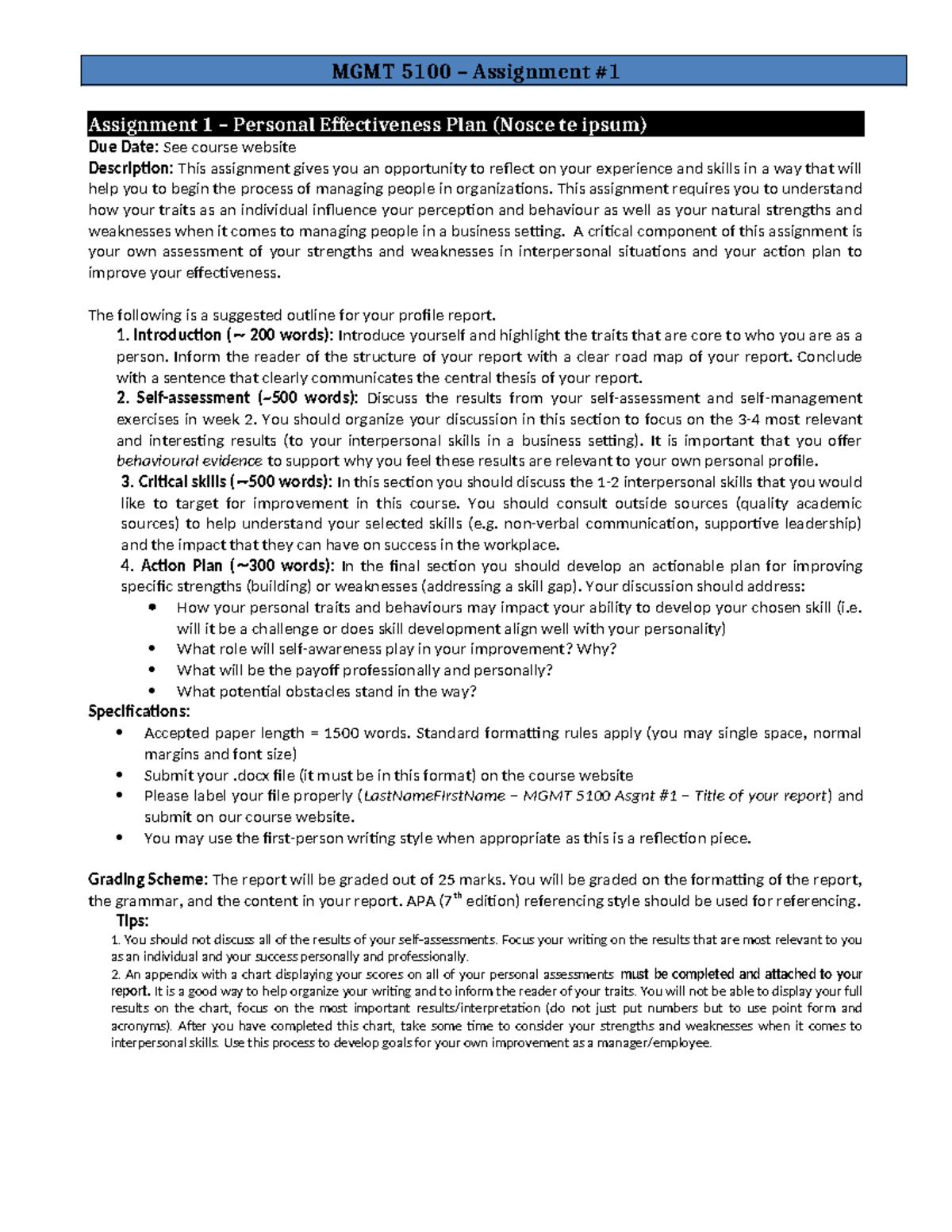 MGMT 5100 - Assignment 1A: Personal Effectiveness Plan Overview - Studocu