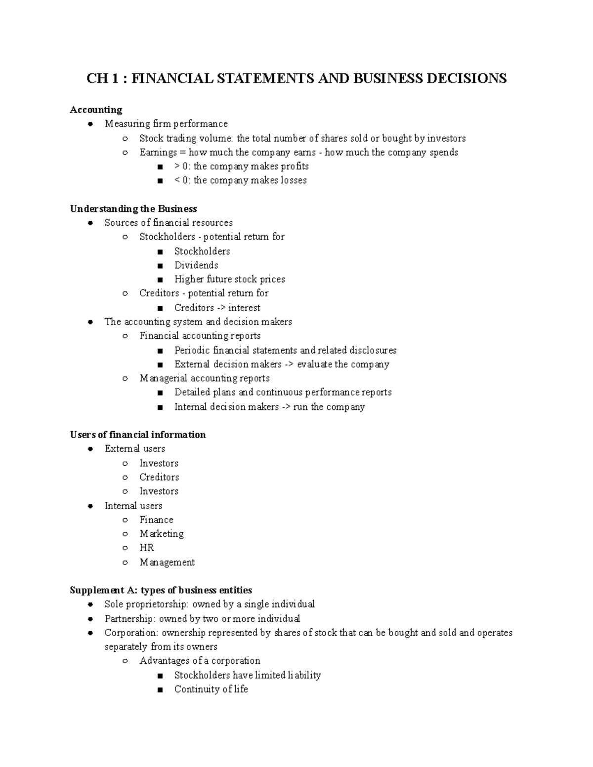 ACCT1101 Chapter 1: Financial Statements & Business Decisions Notes ...