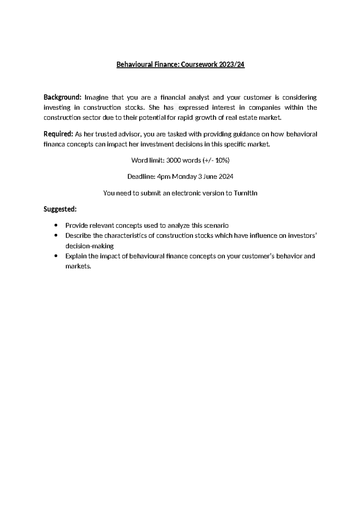 6. BAC6030 Coursework Resit 5 - Behavioural Finance: Coursework 2023 ...