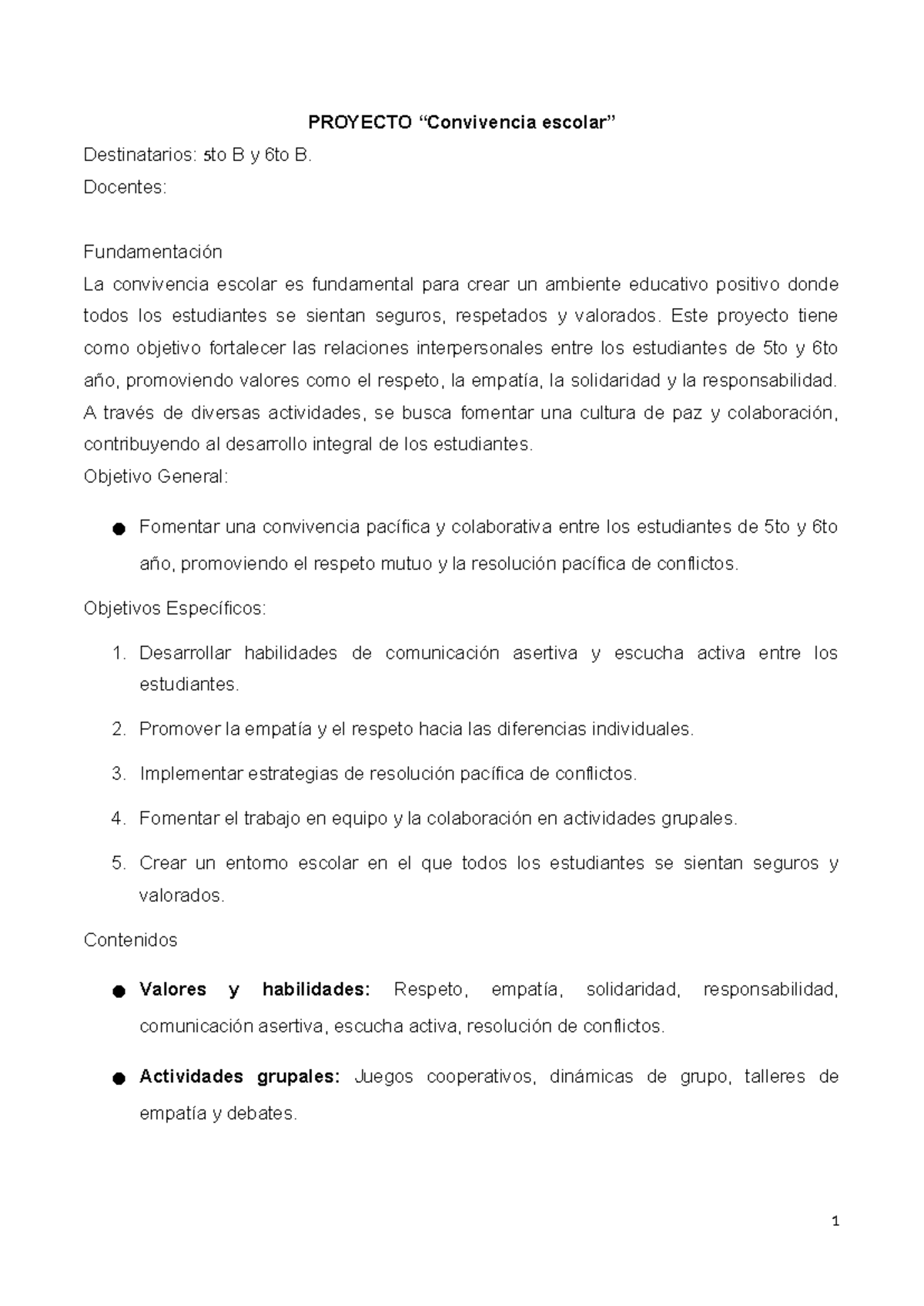 Proyecto de Convivencia Escolar para 5to y 6to B - ESI - Studocu
