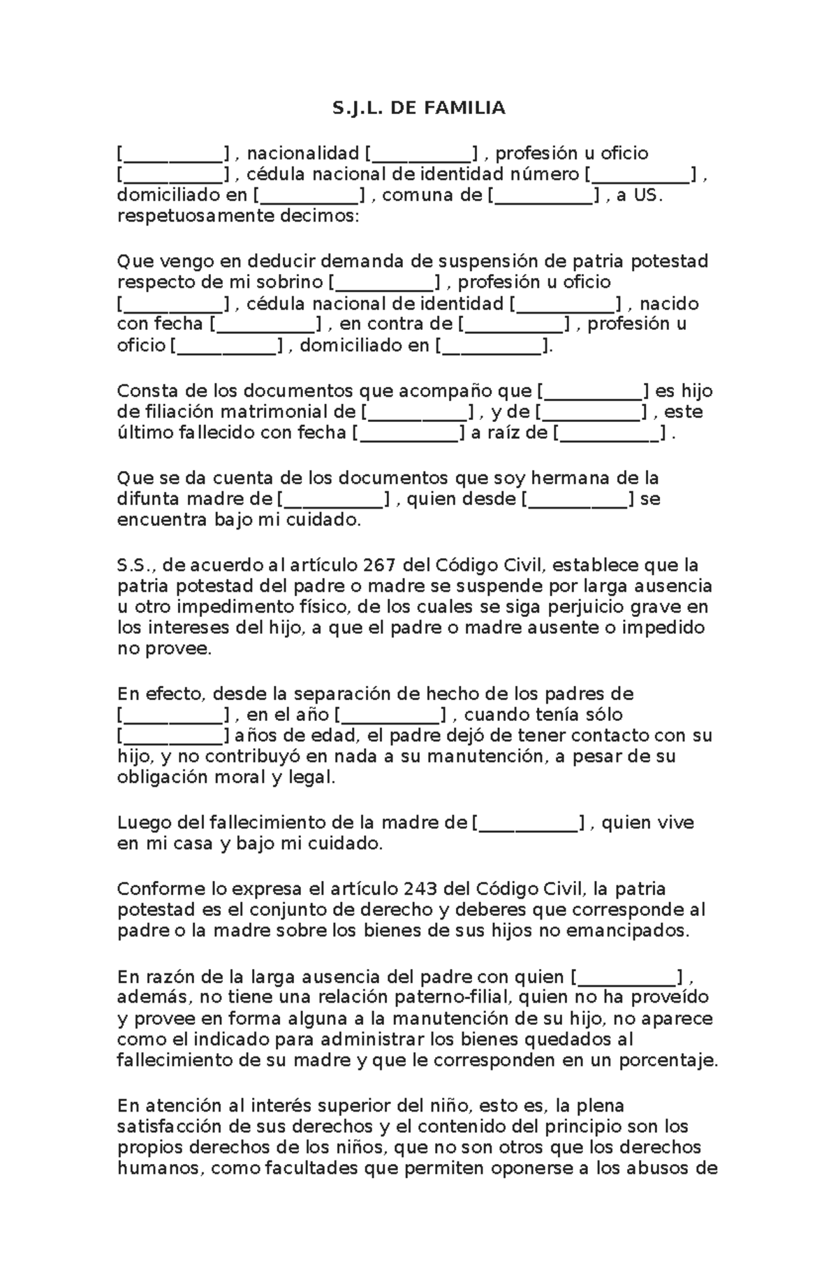 Demanda de Suspensión de Patria Potestad y Nombramiento de Curador - Document Preview