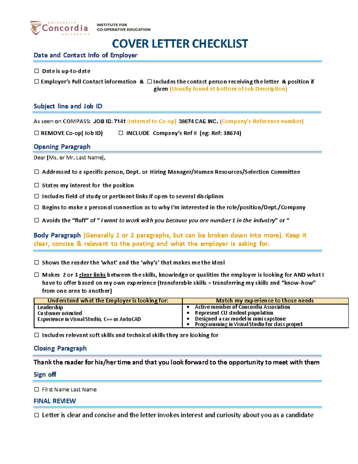 Cover Letter Checklist English - COVER LETTER CHECKLIST Date and ...