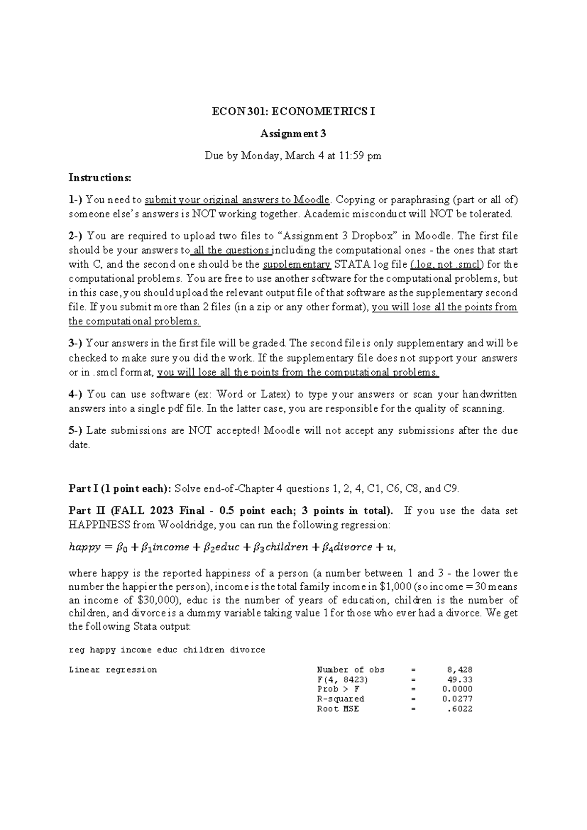 ECON 301 Assignment 3: Econometrics Problems and STATA Analysis - Studocu