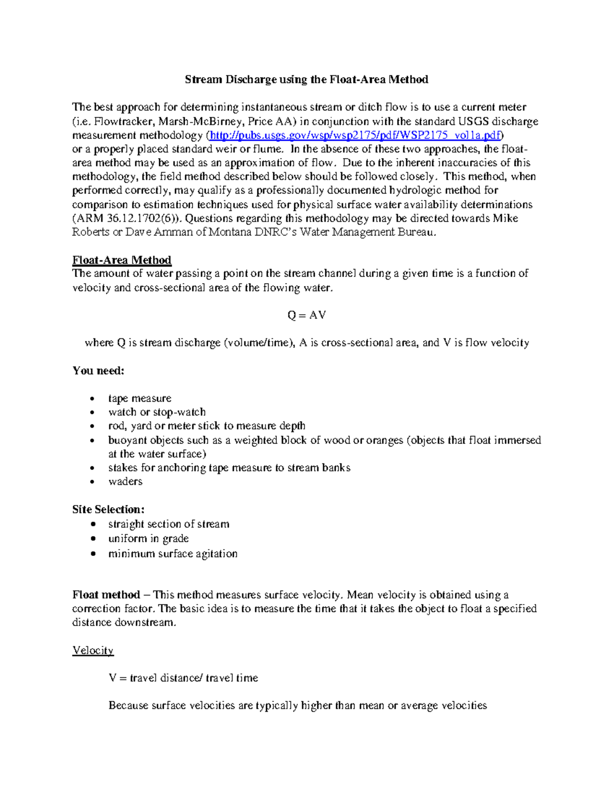 Float-area method for finding velocity of stream - Stream Discharge ...