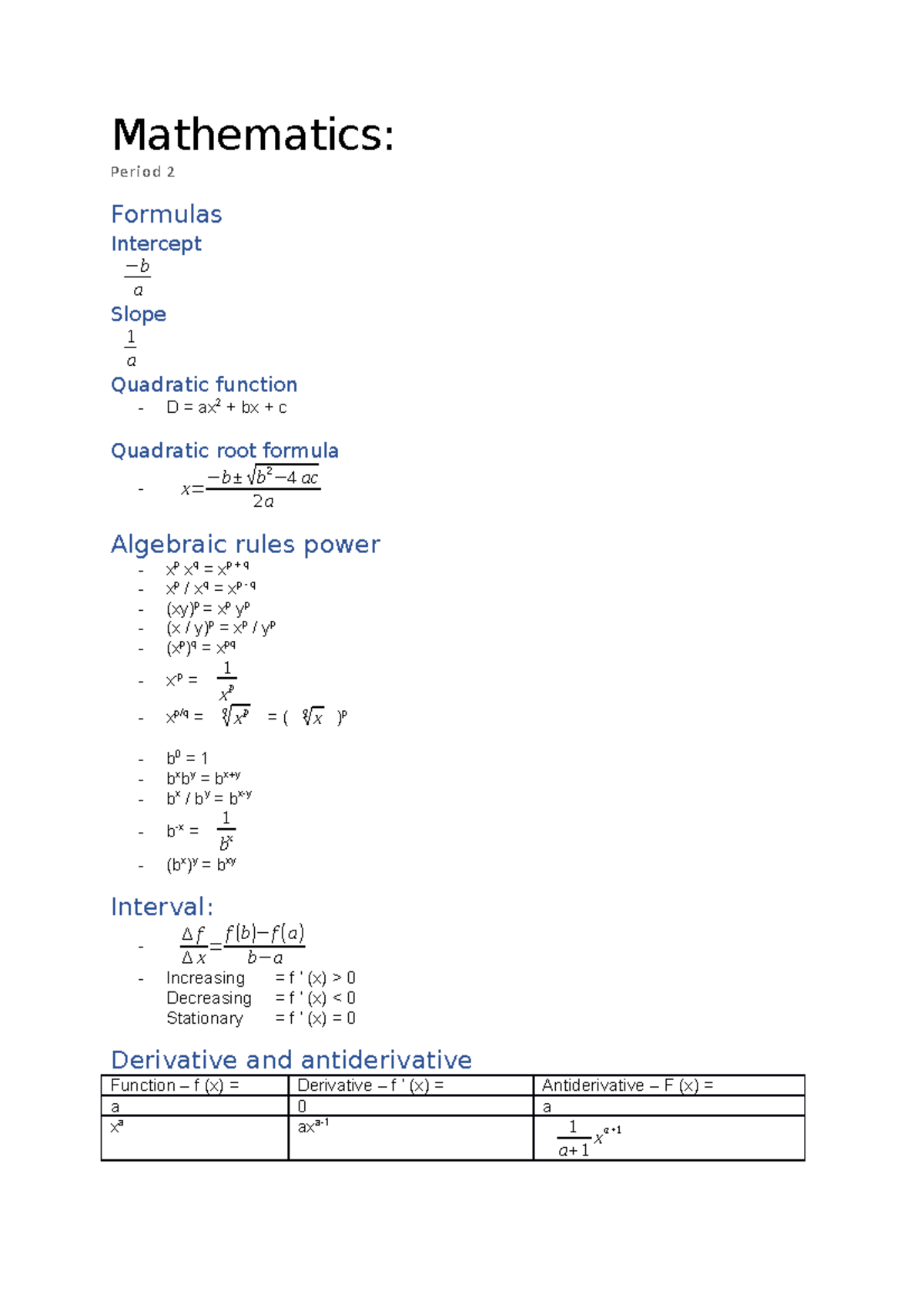 Mathematics (MATH 101): Essential Formulas and Rules Study Guide ...