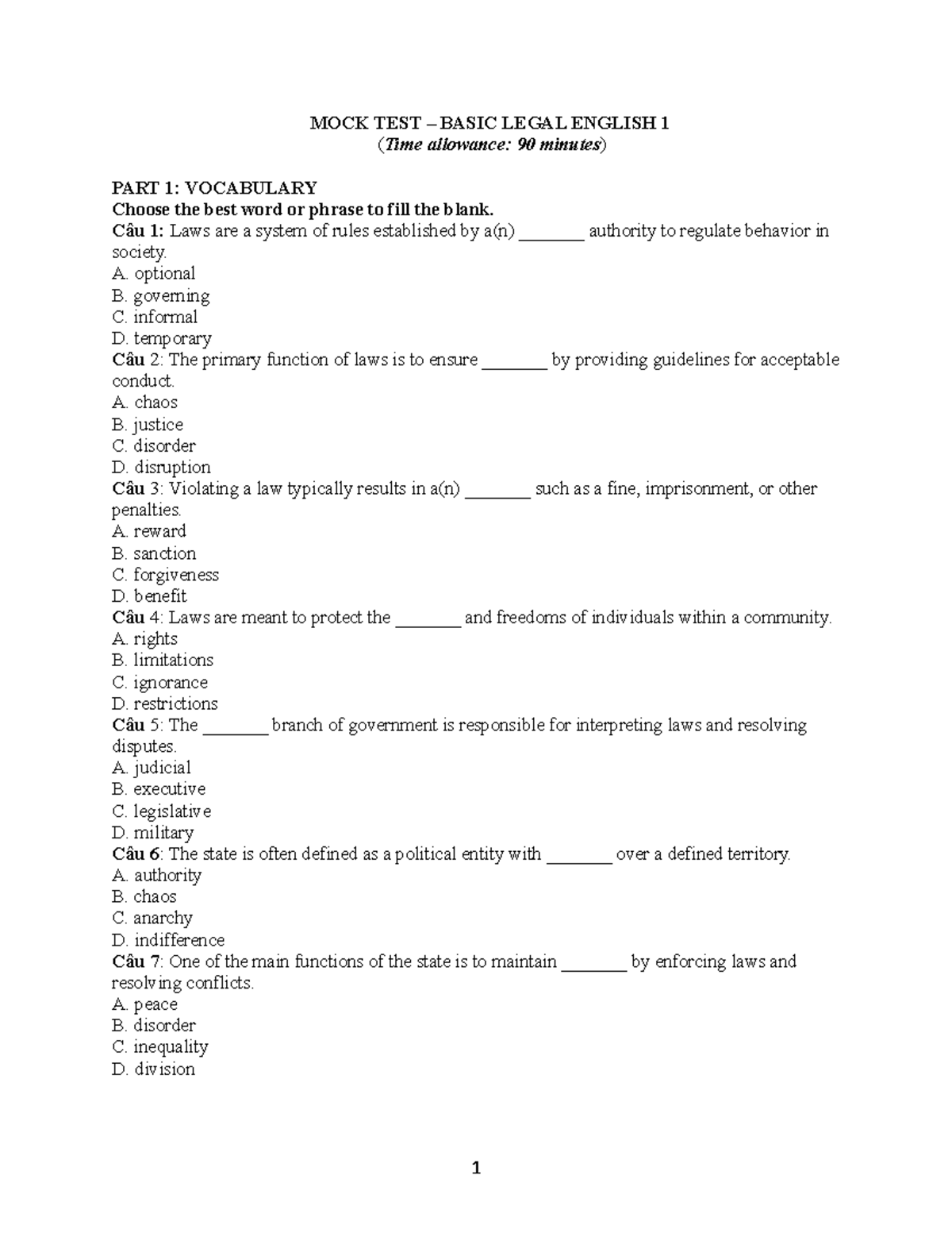BE1.Mock Test - Vocabulary and Reading Comprehension Practice - Studocu