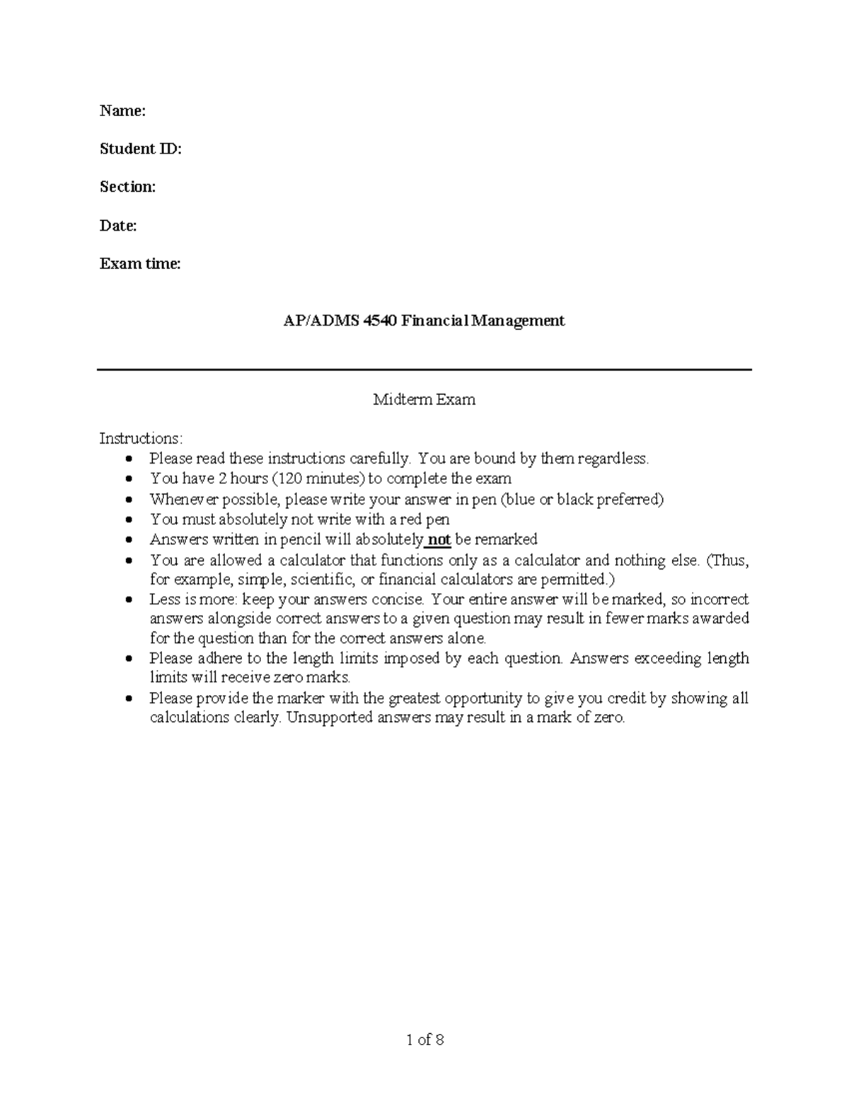 4540 Financial Management Midterm Exam Instructions and Guidelines ...