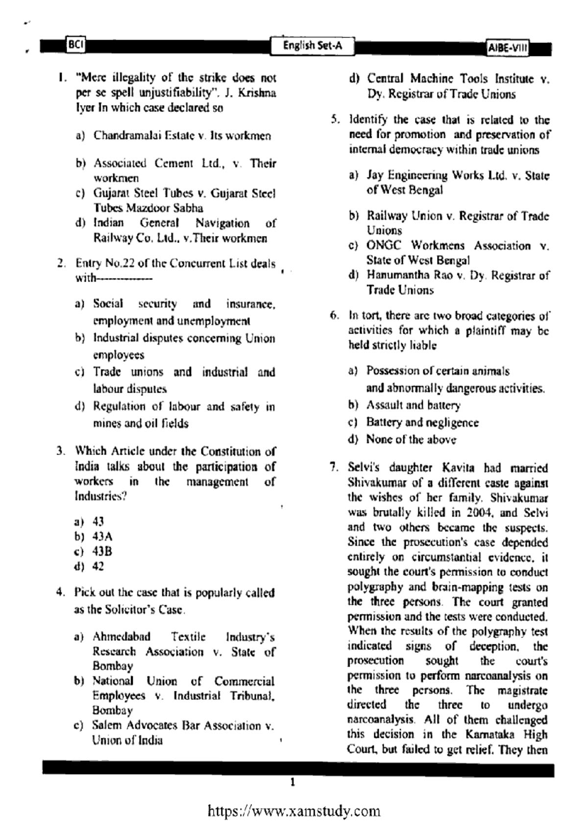 AIBE 8 English Set A: Comprehensive Question Paper Analysis - Studocu