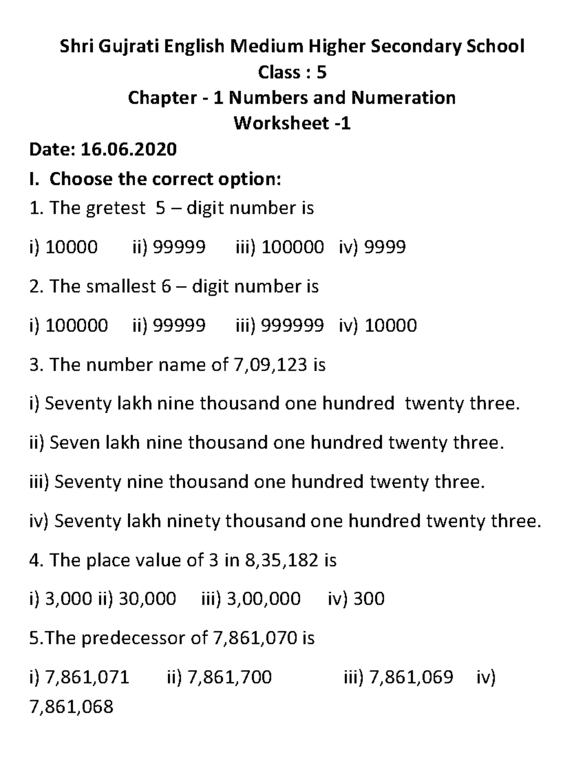 Class 5 Maths Worksheets & Holiday Assignment - Studocu