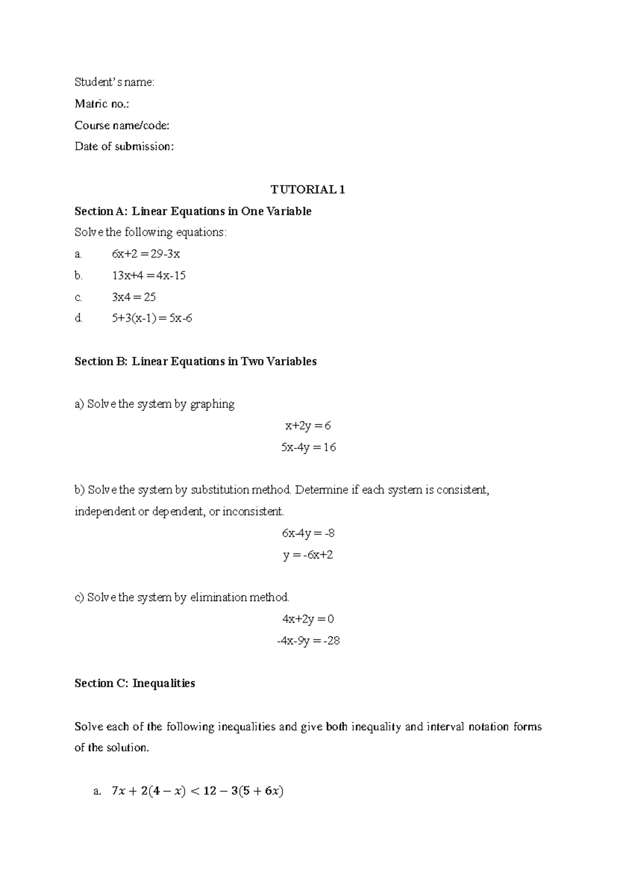 Tutorial 1 - Linear Equations & Inequalities Notes (MATH101) - Studocu