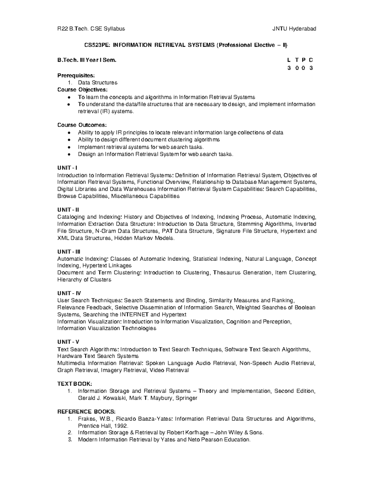 CS523PE: Information Retrieval Systems Syllabus - B.Tech Year I - Studocu