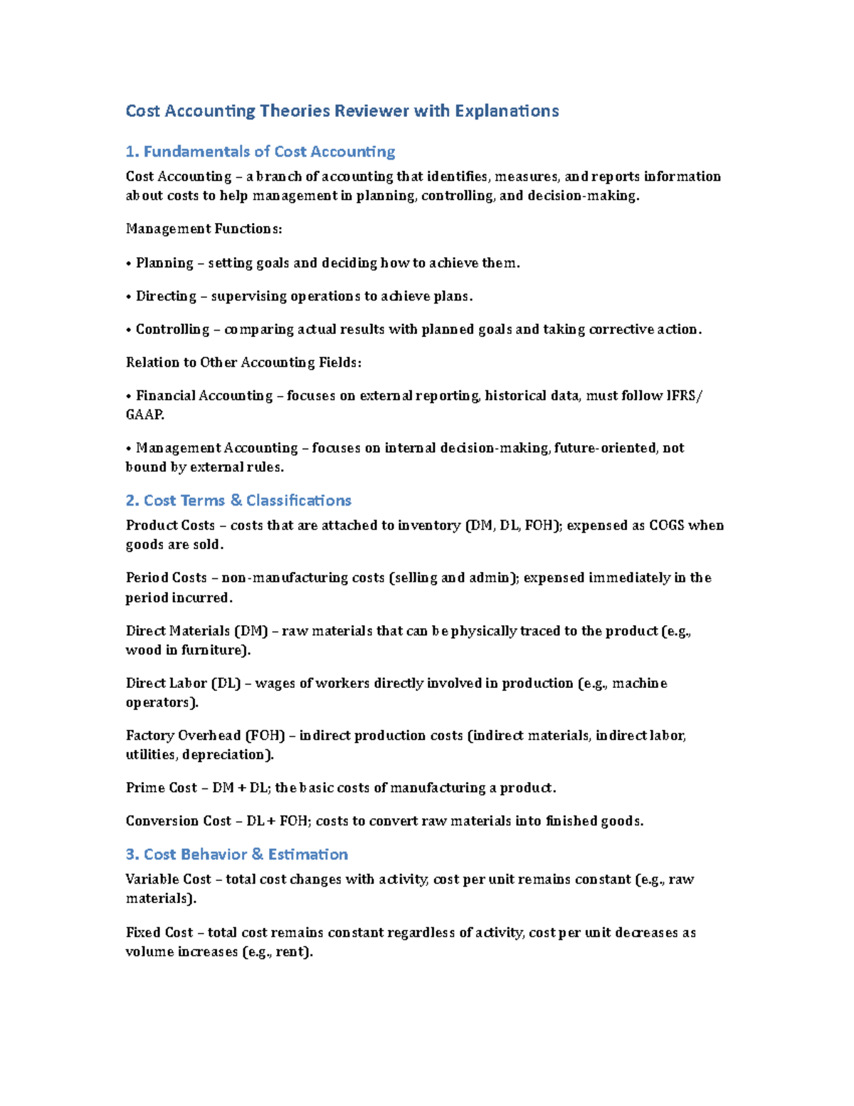 Cost Accounting Theories Review (ACC 101) - Key Concepts Explained ...