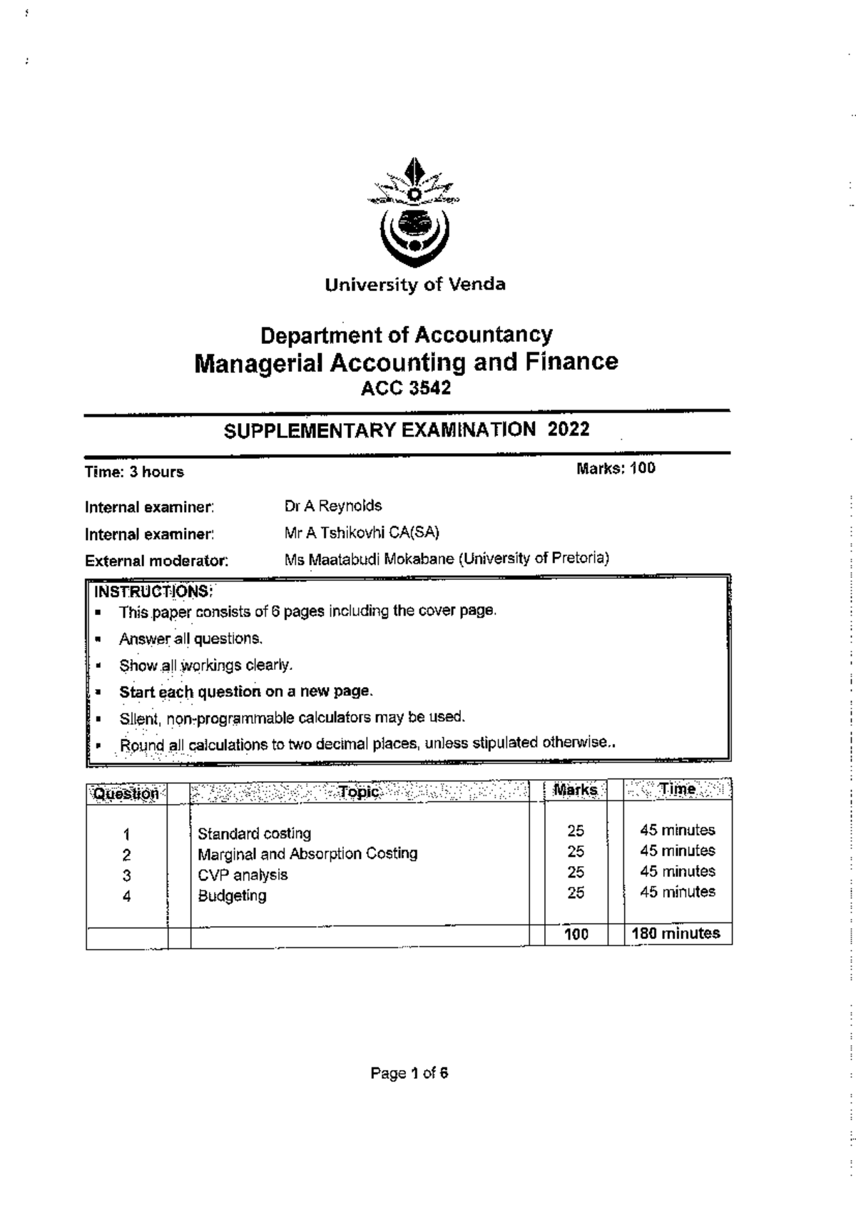 Managerial Accounting & Finance ACC 3542 Supplementary Exam 2022 - Studocu