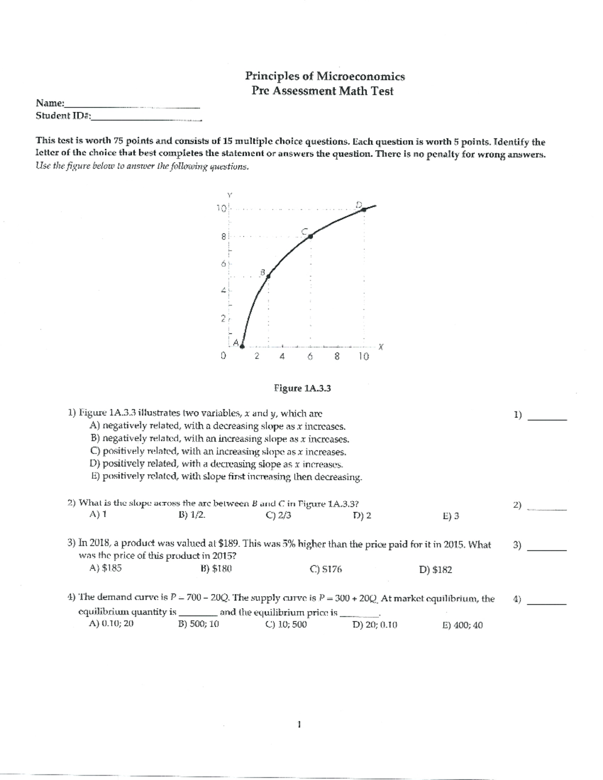 Principles of Microeconomics (ECO101) pre assessment math test notes ...