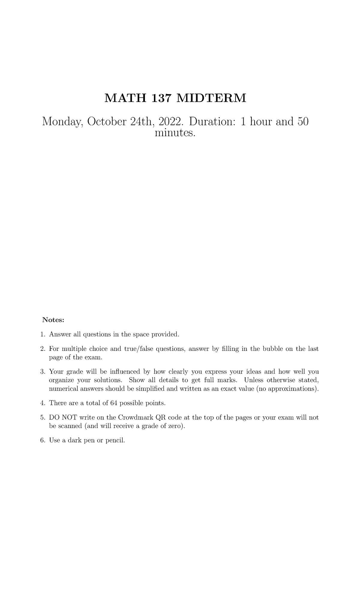 MATH 137 Fall 2022 Midterm Exam Instructions and Questions - Studocu