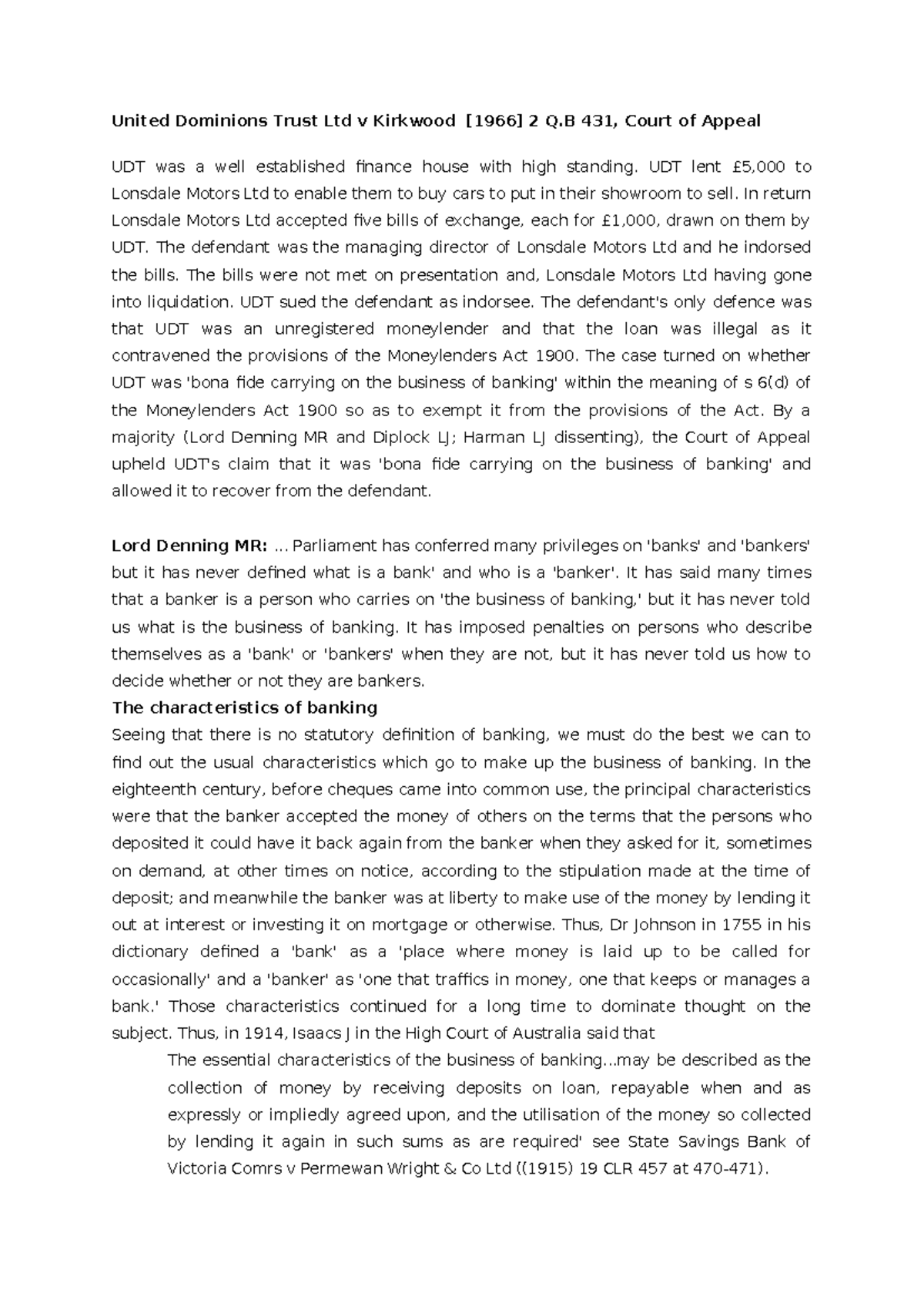 United Dominions Trust Ltd v Kirkwood: Court of Appeal Analysis - Studocu