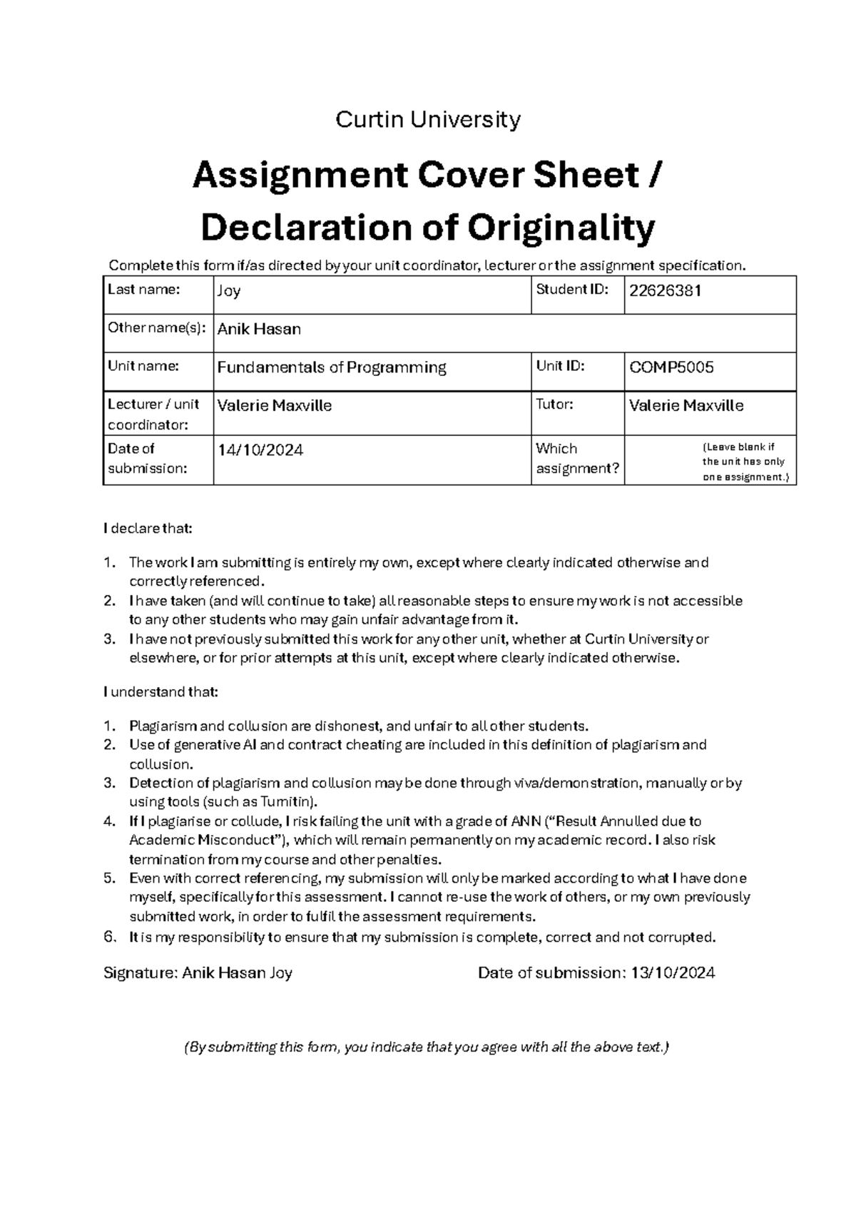 Anik 22626381 Fop Assignment Report - Curtin University Assignment ...