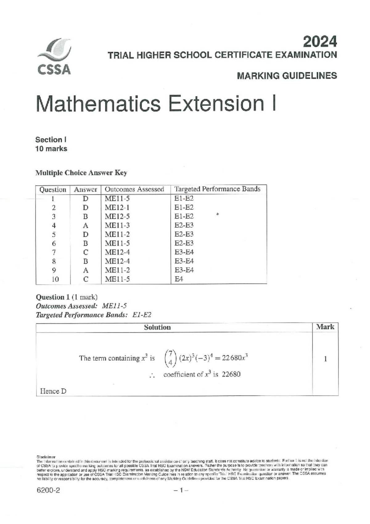 2024 CSSA Trial HSC Mathematics Ext I Marking Guidelines - Studocu