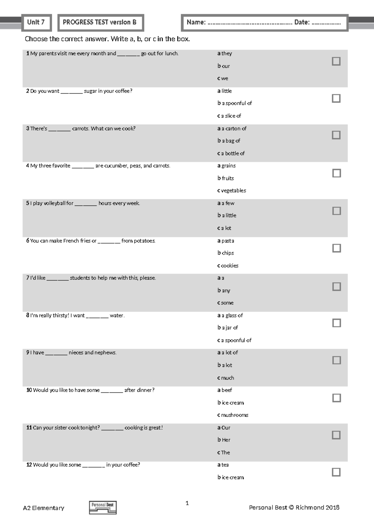 PB Am E A2 Unit Test U7 Progress Test Version B - Studocu