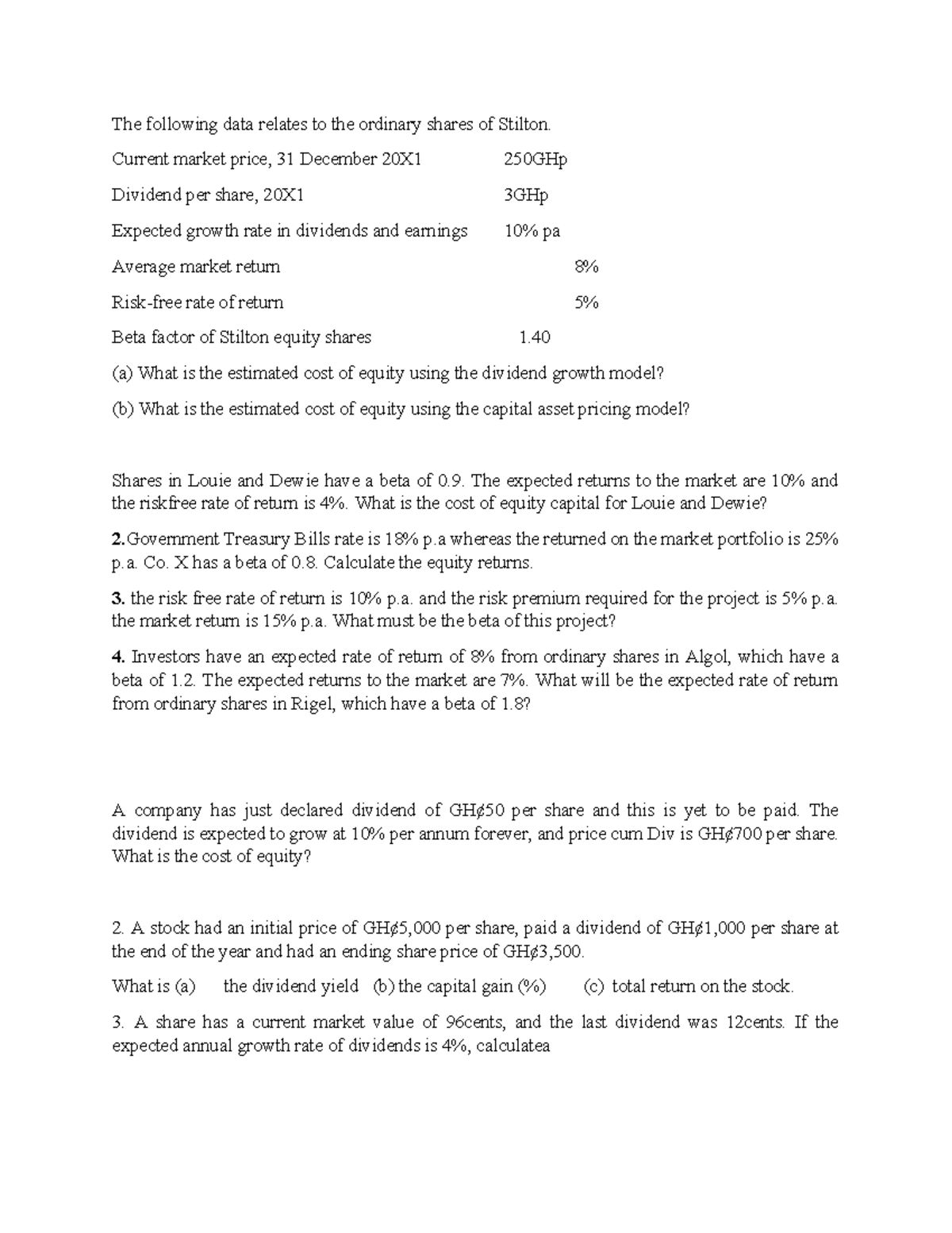 Financial Analysis Assignment: Cost of Equity Calculations and Models ...