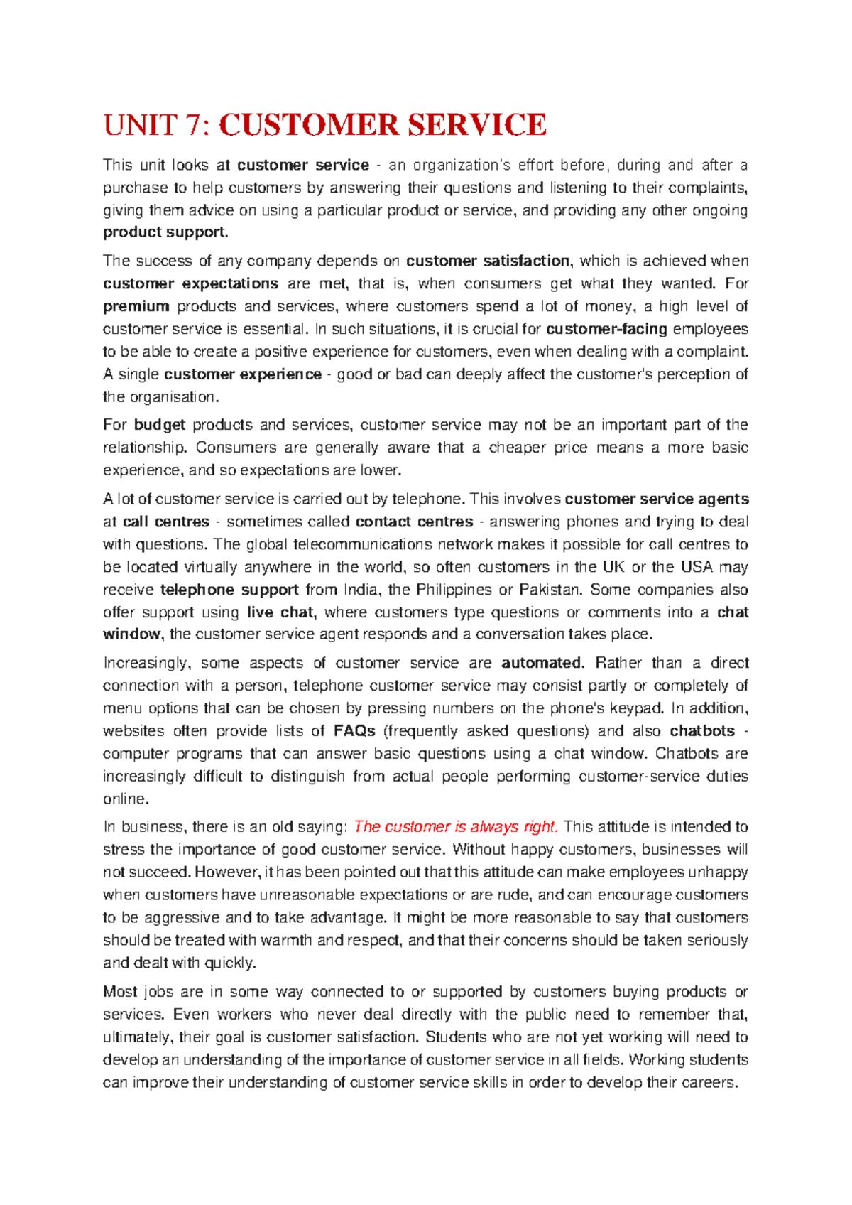 UNIT 7: Customer Service Strategies and Best Practices - Studocu