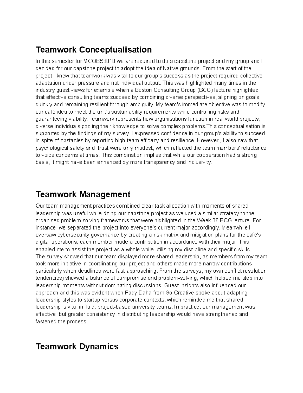 Teamwork Dynamics and Management in Capstone Project - MQBS3010 - Studocu