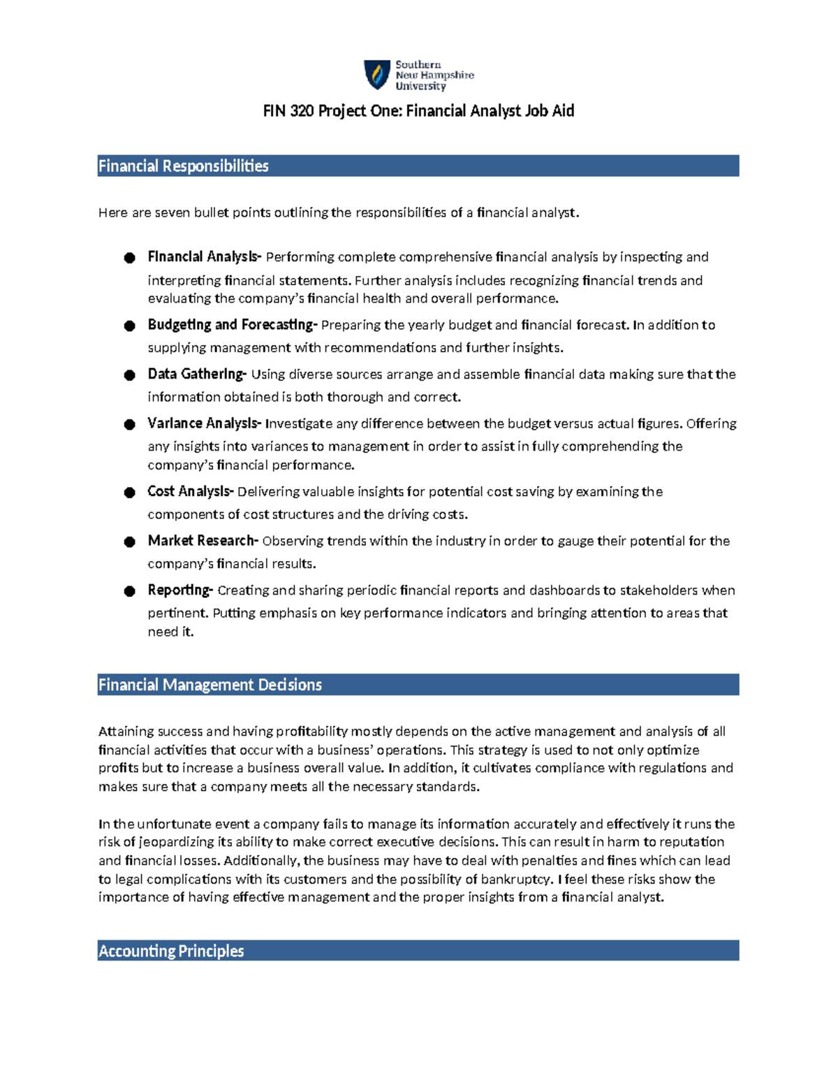 FIN 320 Project One: Financial Analyst Responsibilities Overview - Studocu