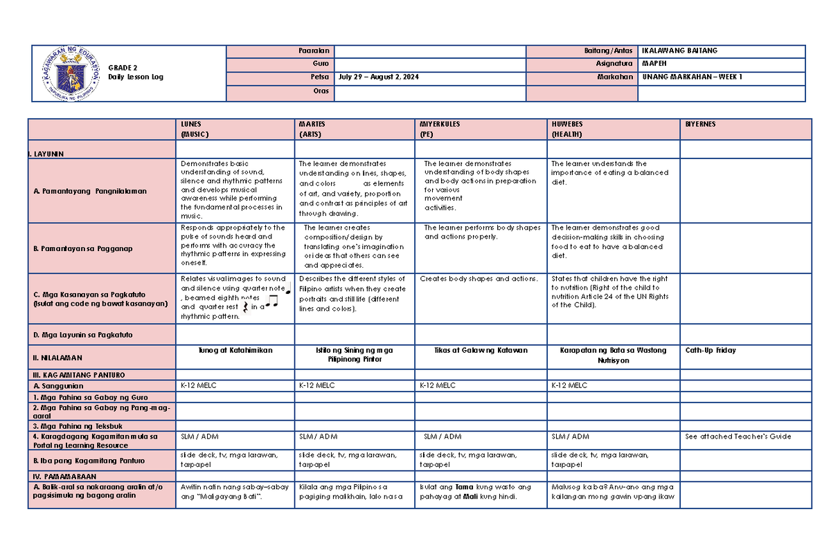 Mapeh 2 DLL Q1 WEEK 1 - future - GRADE 2 Daily Lesson Log Paaralan ...
