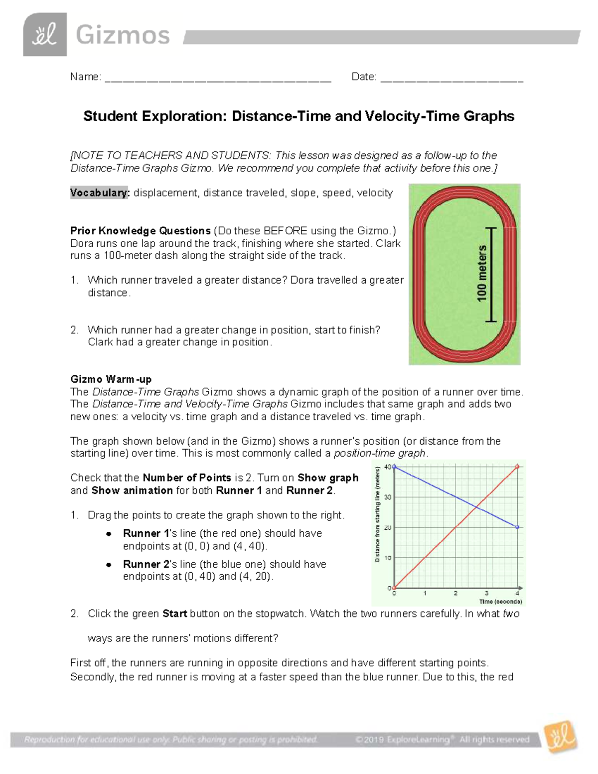 Student Exploration: Distance, Time, and Velocity Gizmo Activity - Studocu