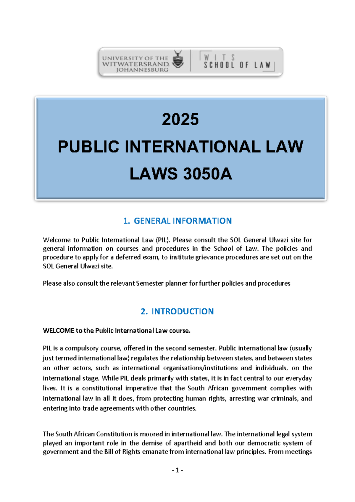 PIL 3050A 2025 Course Outline: Public International Law Overview - Studocu