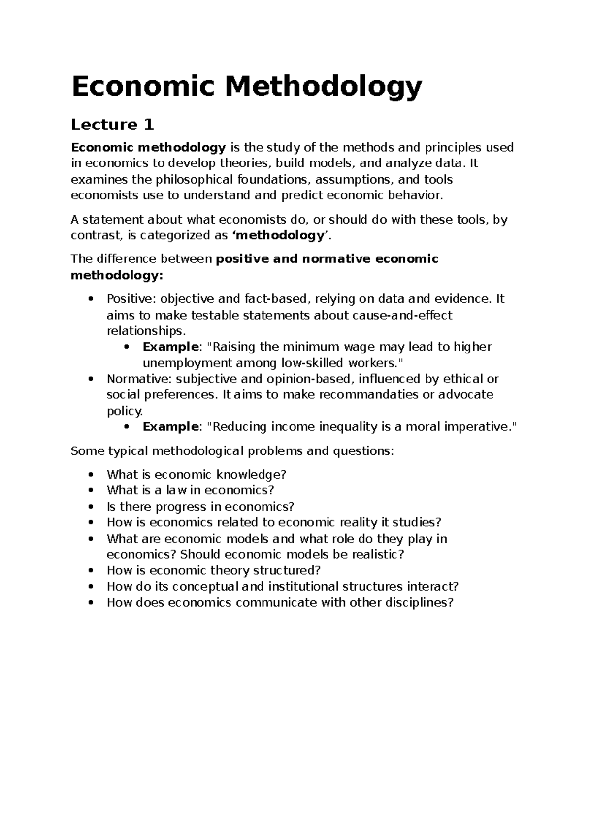 ECO 101: Summary of Economic Methodology Lectures and Case Studies ...