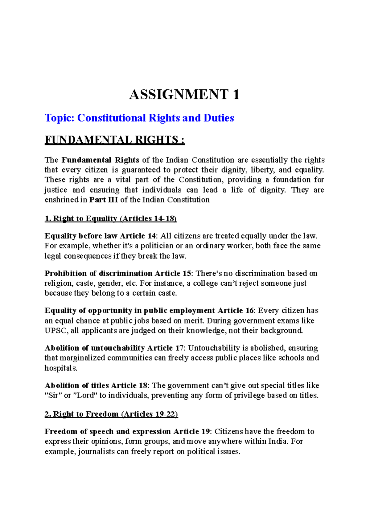 Assignment - Fundamental Rights, Duties & DPSP Overview - Studocu