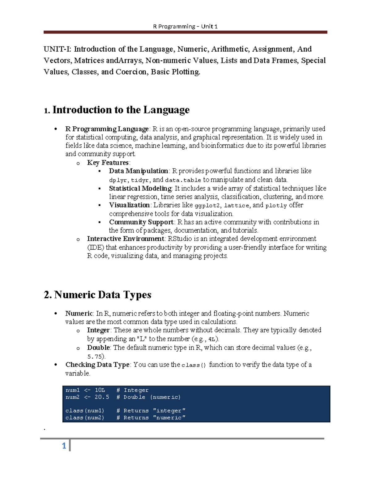 Unit 1 - R Programming Language Overview and Key Concepts - Studocu