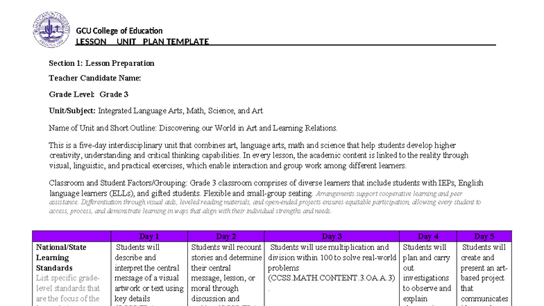 GCU College of Education Grade 3 Integrated Lesson Unit Plan Template ...
