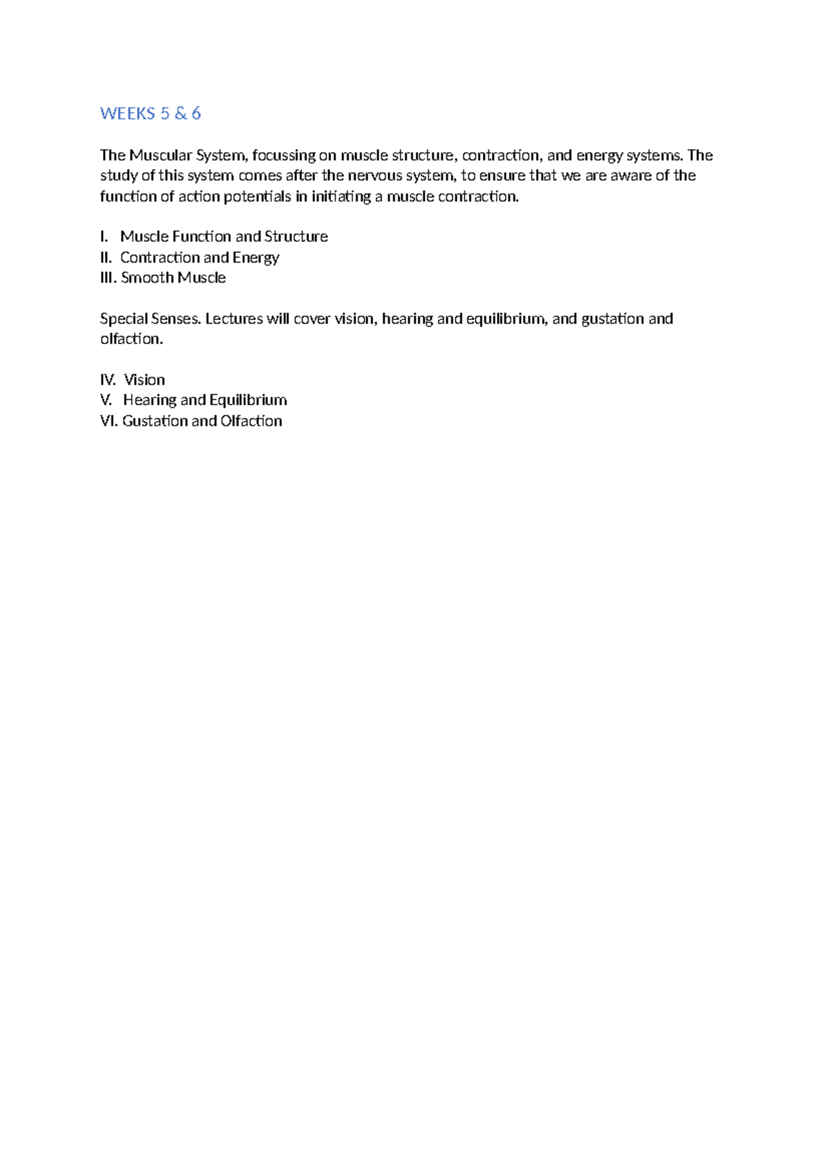 WEEKS 5-6: The Muscular System - Structure, Contraction & Energy (BIO ...
