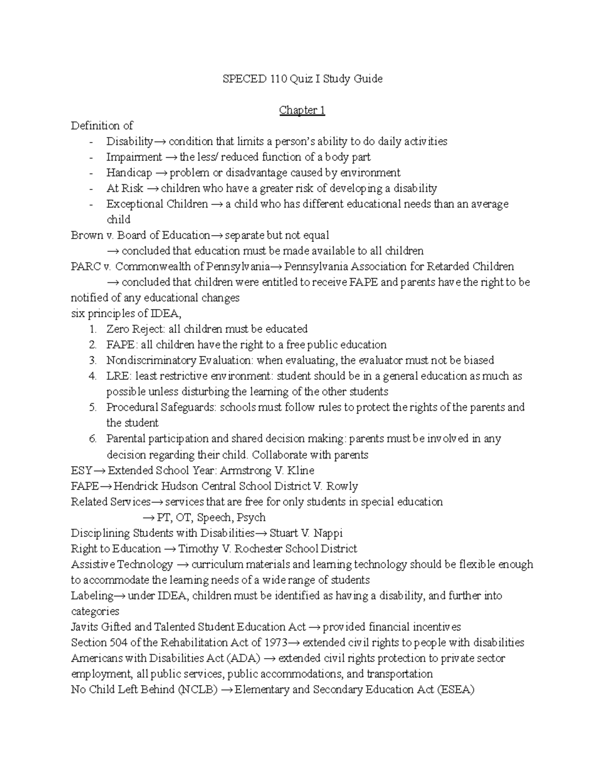 SPECED 110 Quiz I Study Guide: Key Special Education Concepts & Laws ...