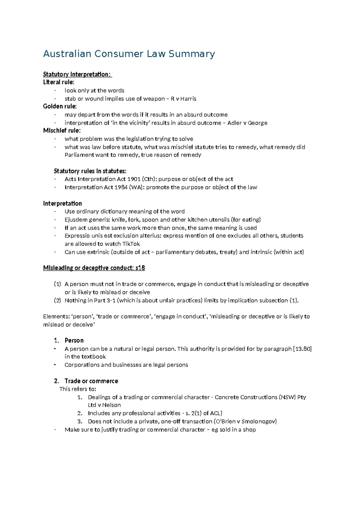 Australian Consumer Law Summary: Statutory Interpretation & Key ...