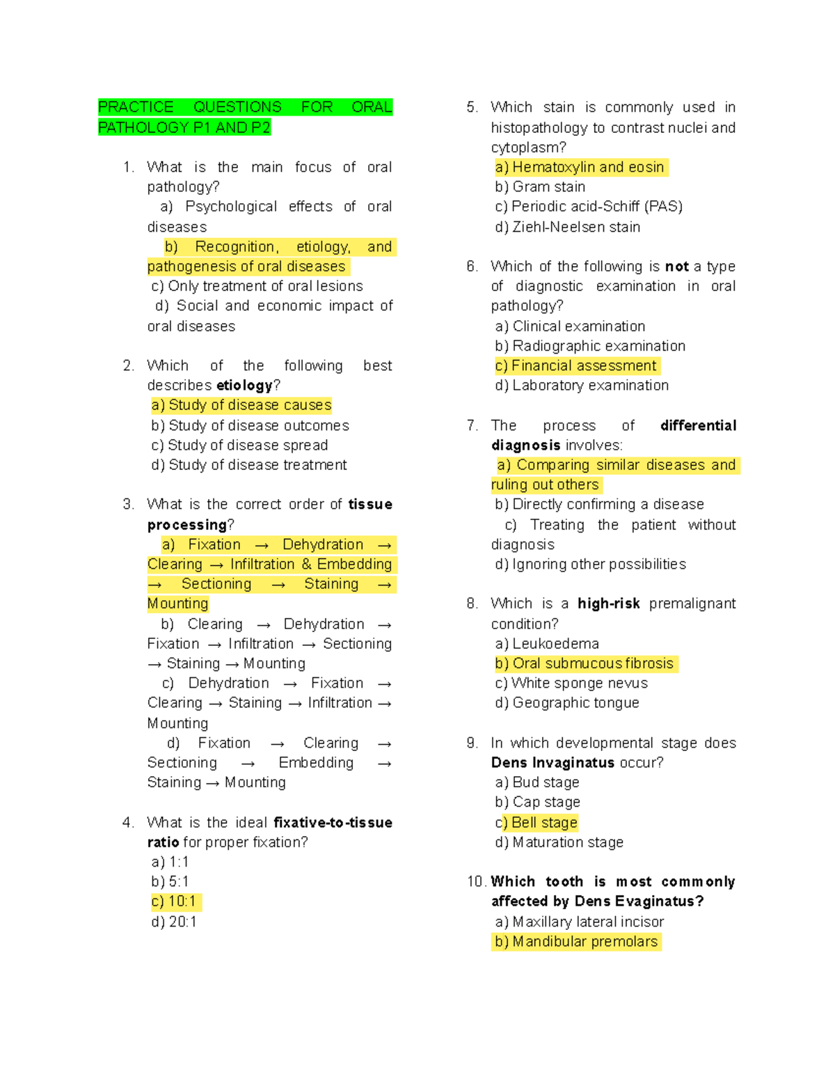 PRACTICE QUESTIONS FOR PATHOLOGY P1 AND P2: ORAL PATH NOTES - Studocu