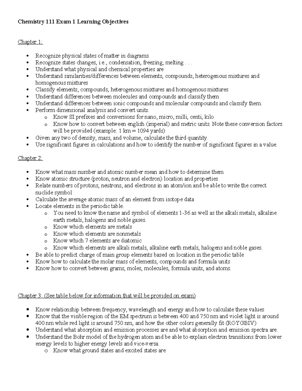 Chemistry 111 Exam 1 Study Guide: Key Concepts & Learning Objectives ...
