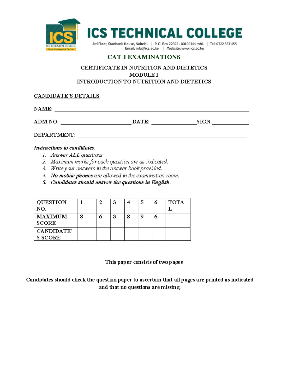 IND- 3 Copies - Exam cat - CAT 1 EXAMINATIONS CERTIFICATE IN NUTRITION ...