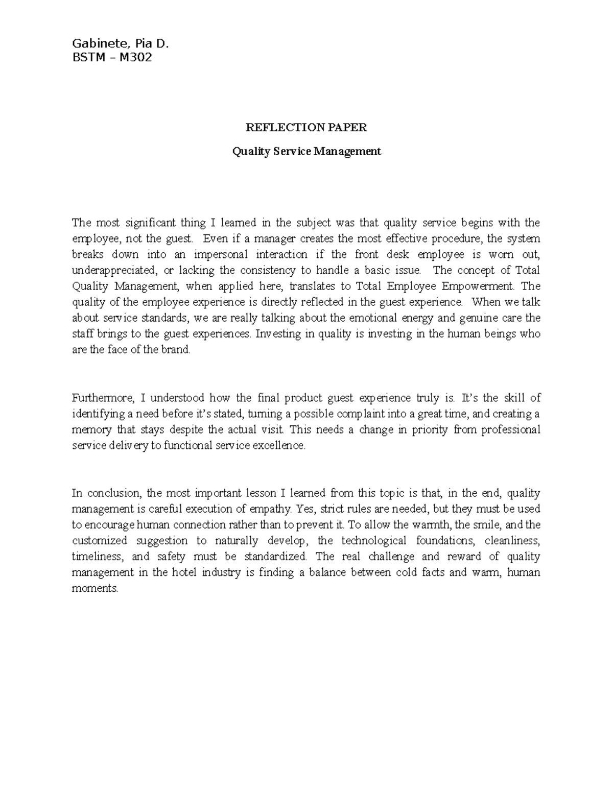 BSTM M302 Reflection Paper: Insights on Quality Service Management ...