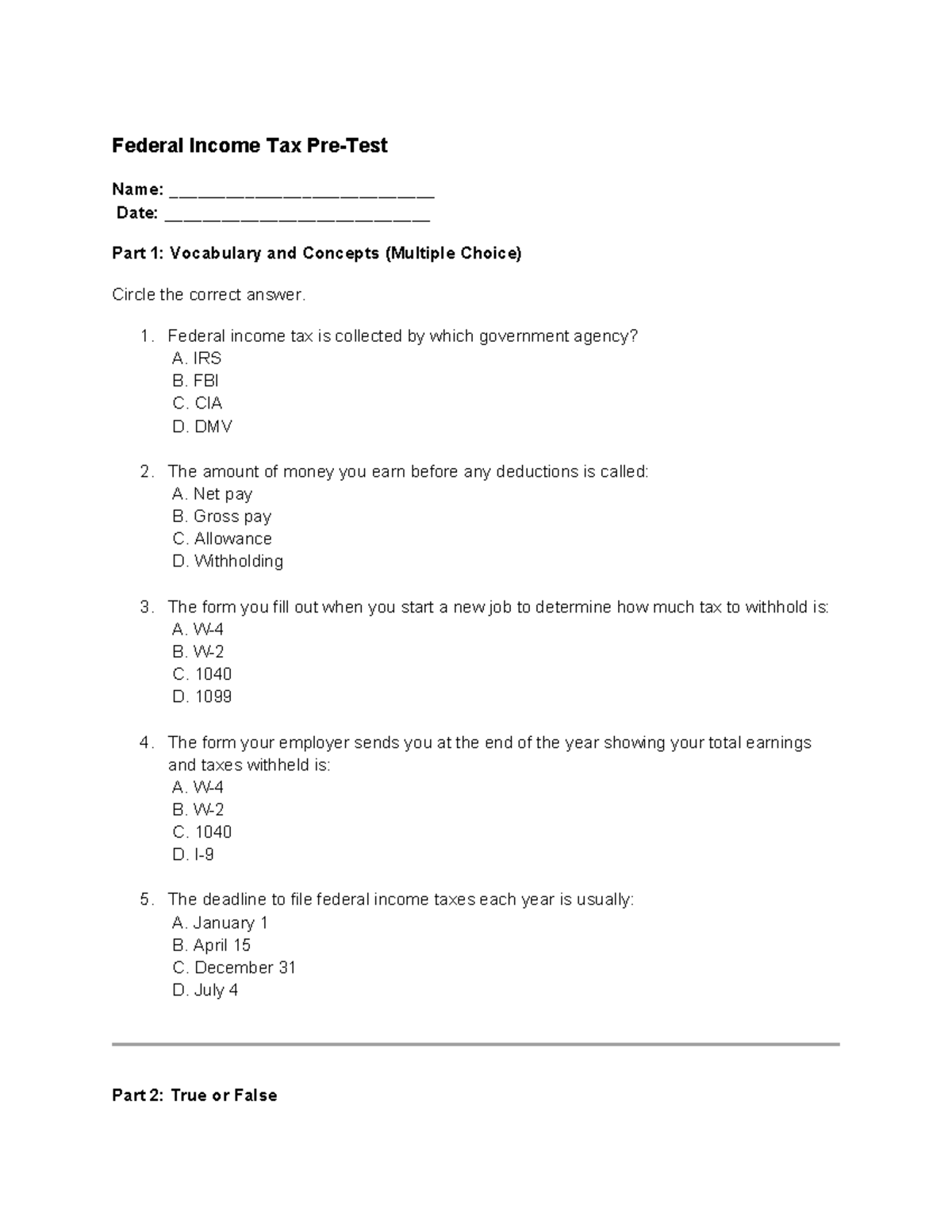 Federal Income Tax Quiz: Vocabulary & Concepts (Pre-Test) - Studocu