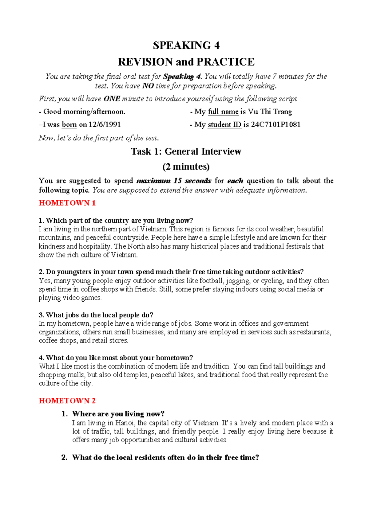 SPEAKING 4 - Final Oral Test Preparation Guide - Studocu